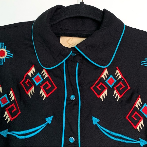 Scully Women Cactus Embroidered Pearl Snap Western Shirt Sz S Black Long Sleeve - Picture 4 of 12